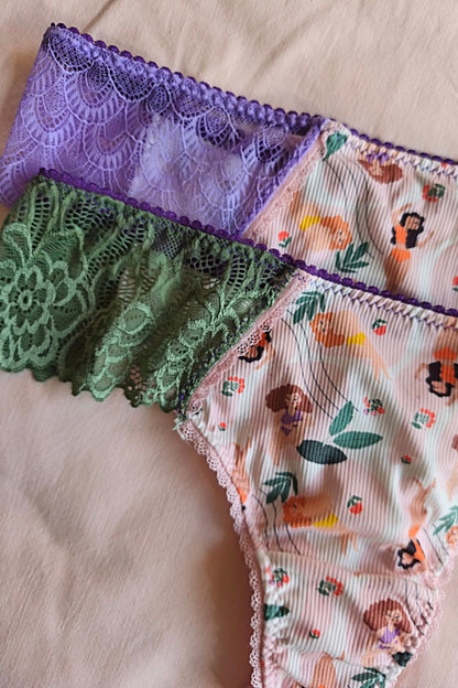 Bombacha Culotteless  estampa  exclusiva Diosas puntilla verde y lila – Qué Tupé