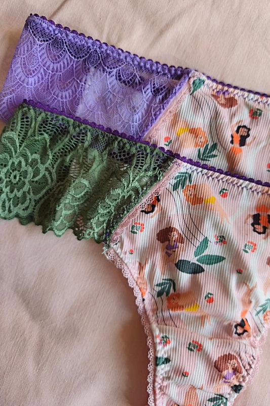Bombacha Culotteless  estampa  exclusiva Diosas puntilla verde y lila – Qué Tupé