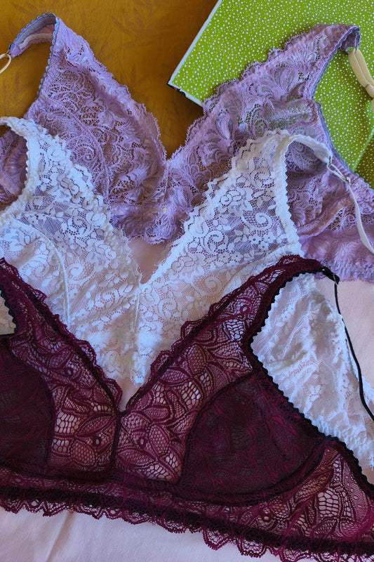Pack x3 Corpiño Encanto bordó lila natural sin aro puntilla – Qué Tupé