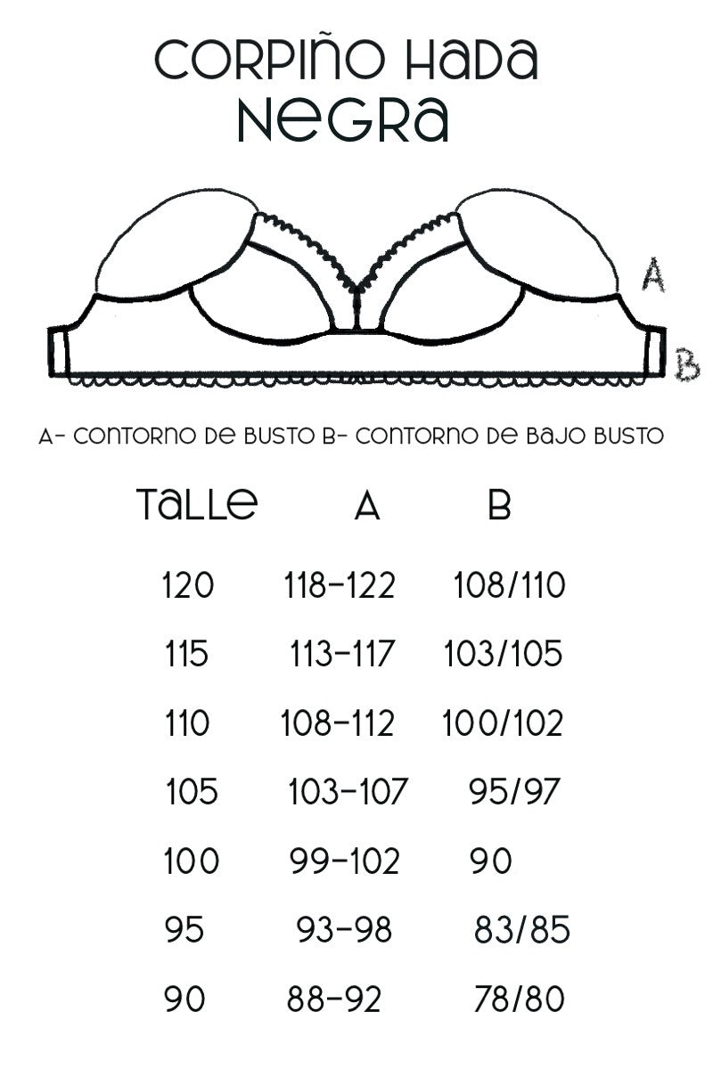 Guía de talles Corpiño Hada negro plata – Qué Tupé