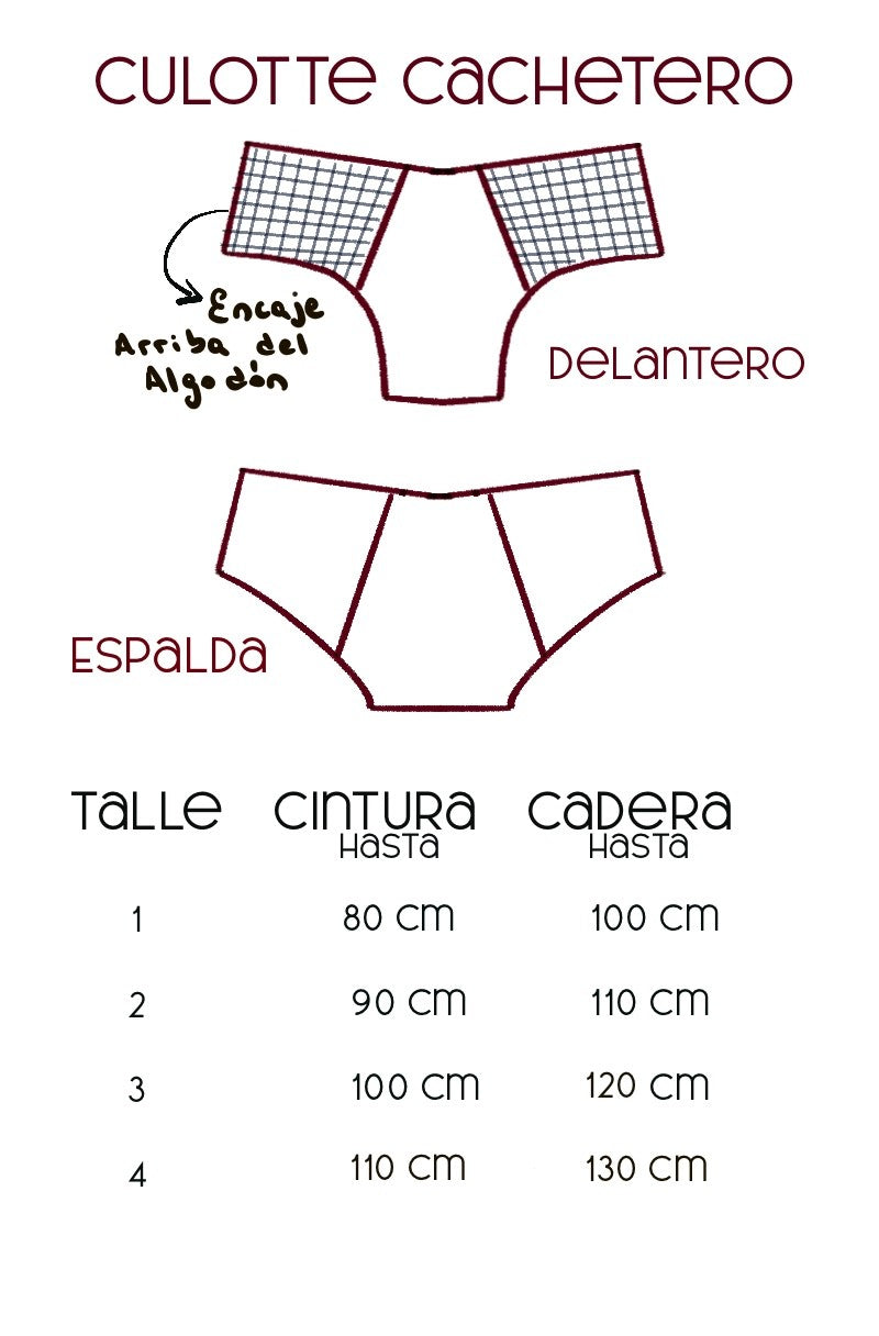 Tabla de Medidas Bombacha culotte cachetero Tita, hasta 130 cm de cadera
