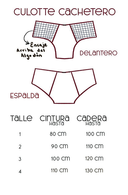 Tabla de Medidas Bombacha culotte cachetero Tita, hasta 130 cm de cadera